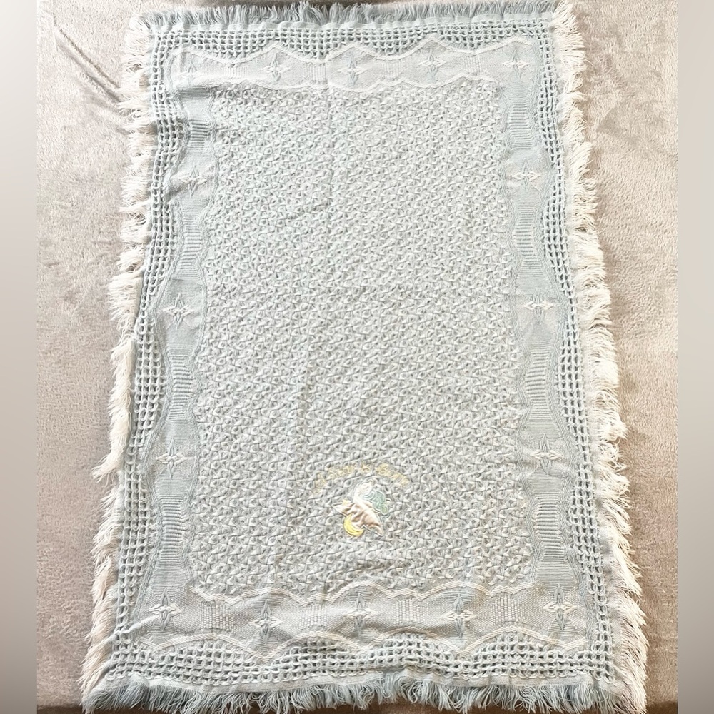 VTG Bright Future Blue Baby Blanket Bear A Star is Born Woven Fringe Moon 32x47